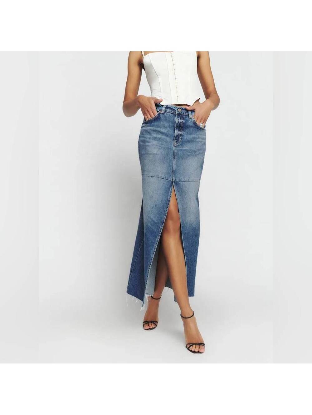 Reformation Tazz Maxi Denim Skirt Hemlock Size 24 Blue Jean High Slit Chic Sexy